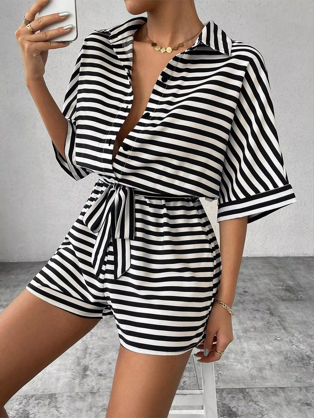 Striped Button - Up Belted Romper - Nikki &amp; Co. Boutique
