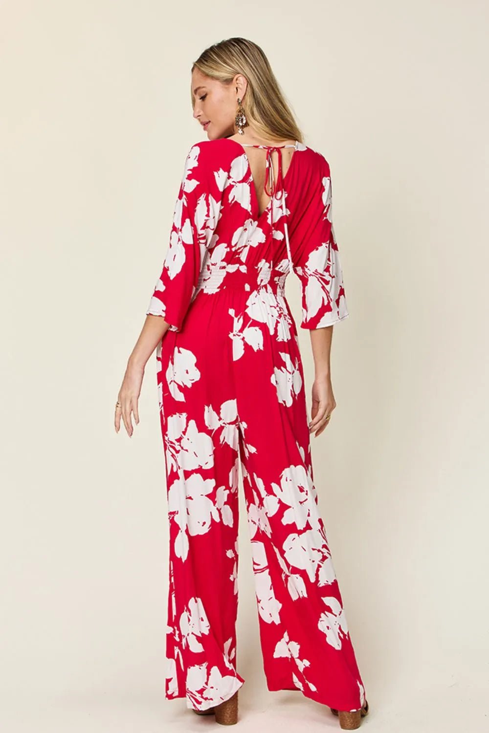 Double Take Full Size Printed Tie Back Wide Leg Jumpsuit | Nikki &amp; Co. Boutique