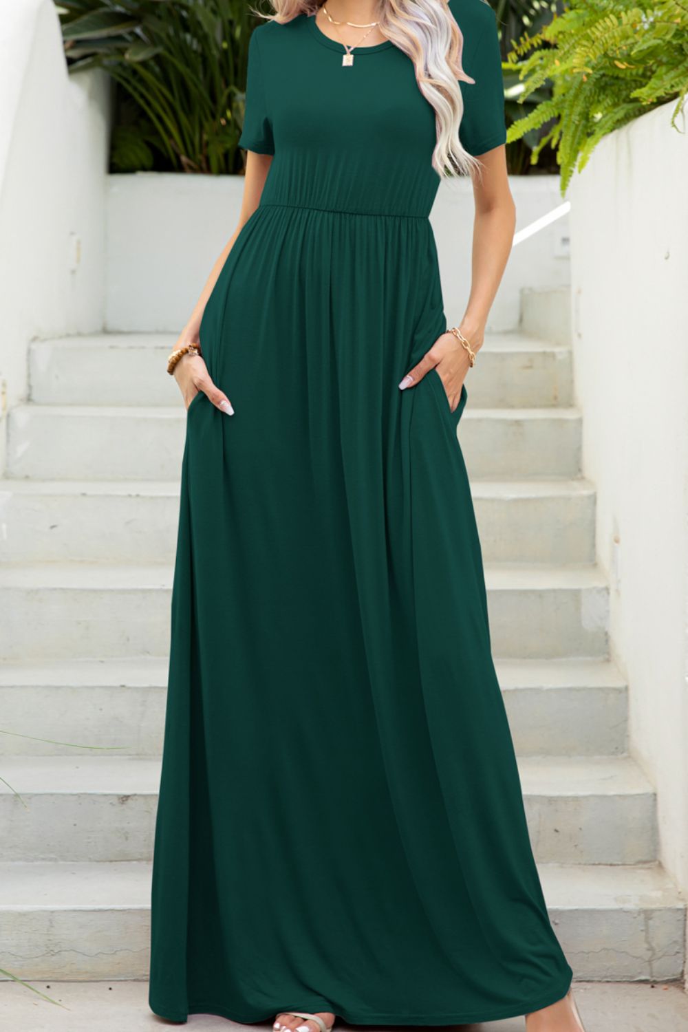Round Neck Maxi Tee Dress with Pockets - Nikki and Co Boutique