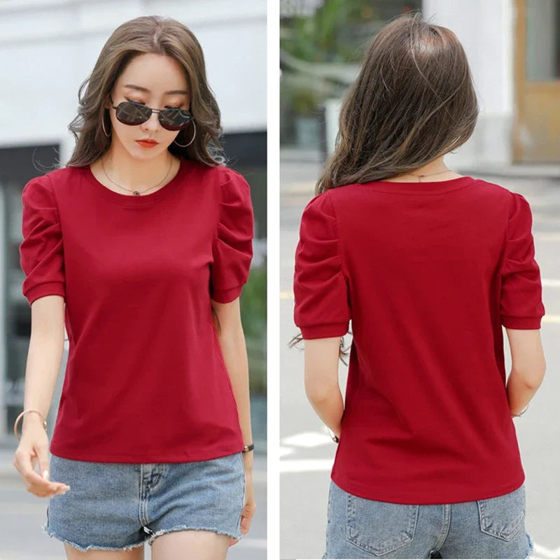 Plus Size Puff Sleeve Basic T-shirt Women Loose Short Sleeve Knitted Shirts Female Solid Tees Ladies Summer Tops Harajuku New