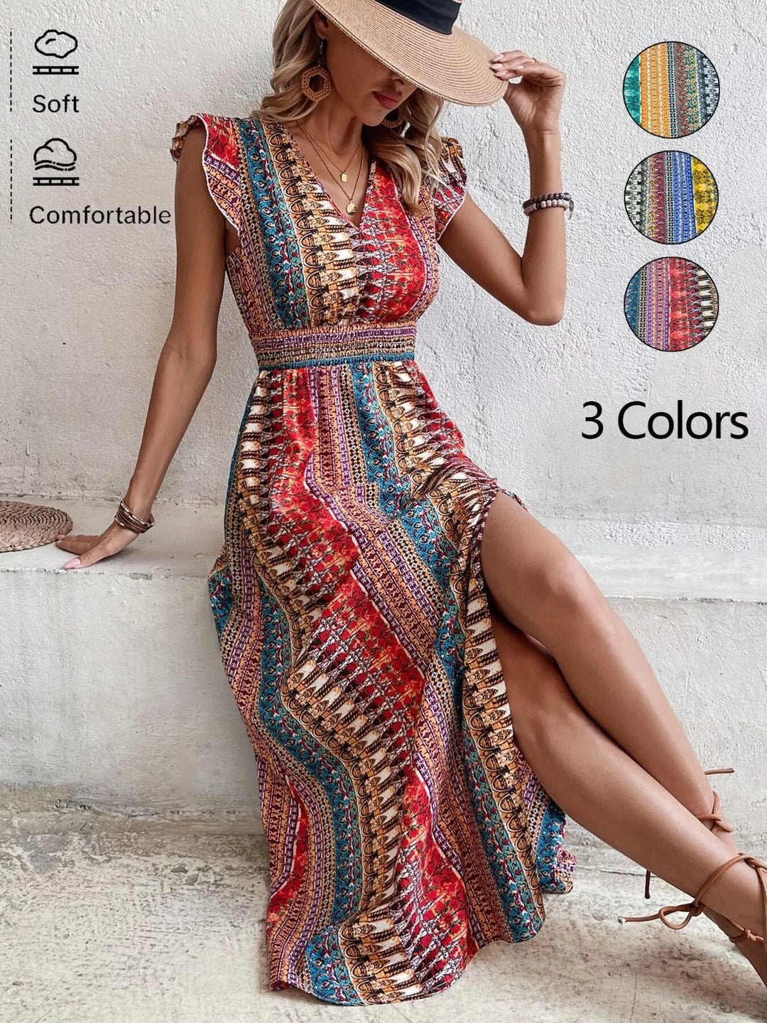 Boho Print Ruffle Sleeve Slit Dress - Nikki &amp; Co. Boutique