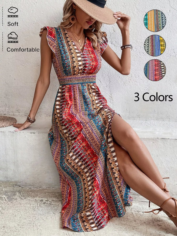 Boho Print Ruffle Sleeve Slit Dress - Nikki &amp; Co. Boutique