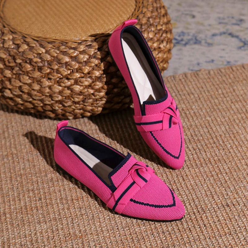 Pointed Toe Plus Size Women's Flat Single Shoes New Knit Flyweave Foot Slip Soft Sole Breathable