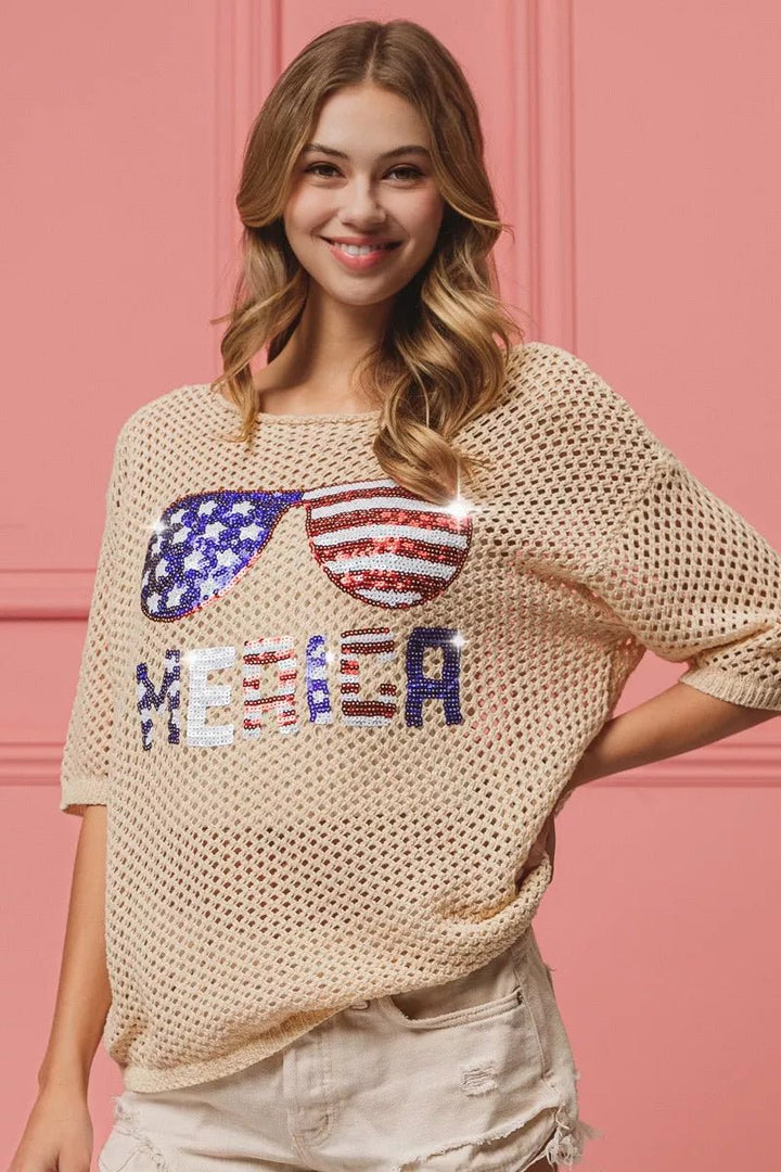 BiBi Sequin American Flag Sunglasses Knit Cover Up | Nikki &amp; Co. Boutique