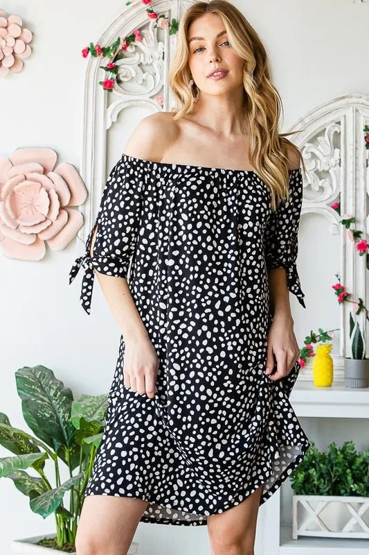 Heimish Full Size Short Sleeve Off Shoulder Animal Mini Dress Plus Size - Nikki &amp; Co. Boutique