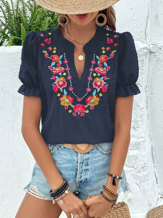 Puff Sleeve Floral Embroider Shirt (NP)