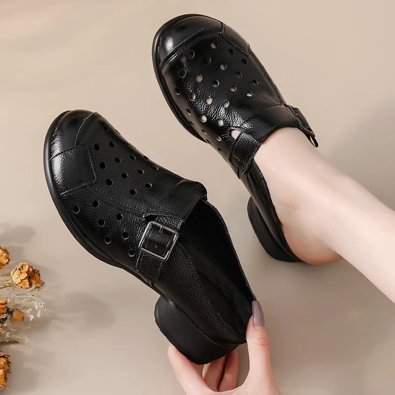New Cow leather low heel sandals women's hollow out mules shoes woman buckle strap slipper sandals ladies elegant slip on shoes