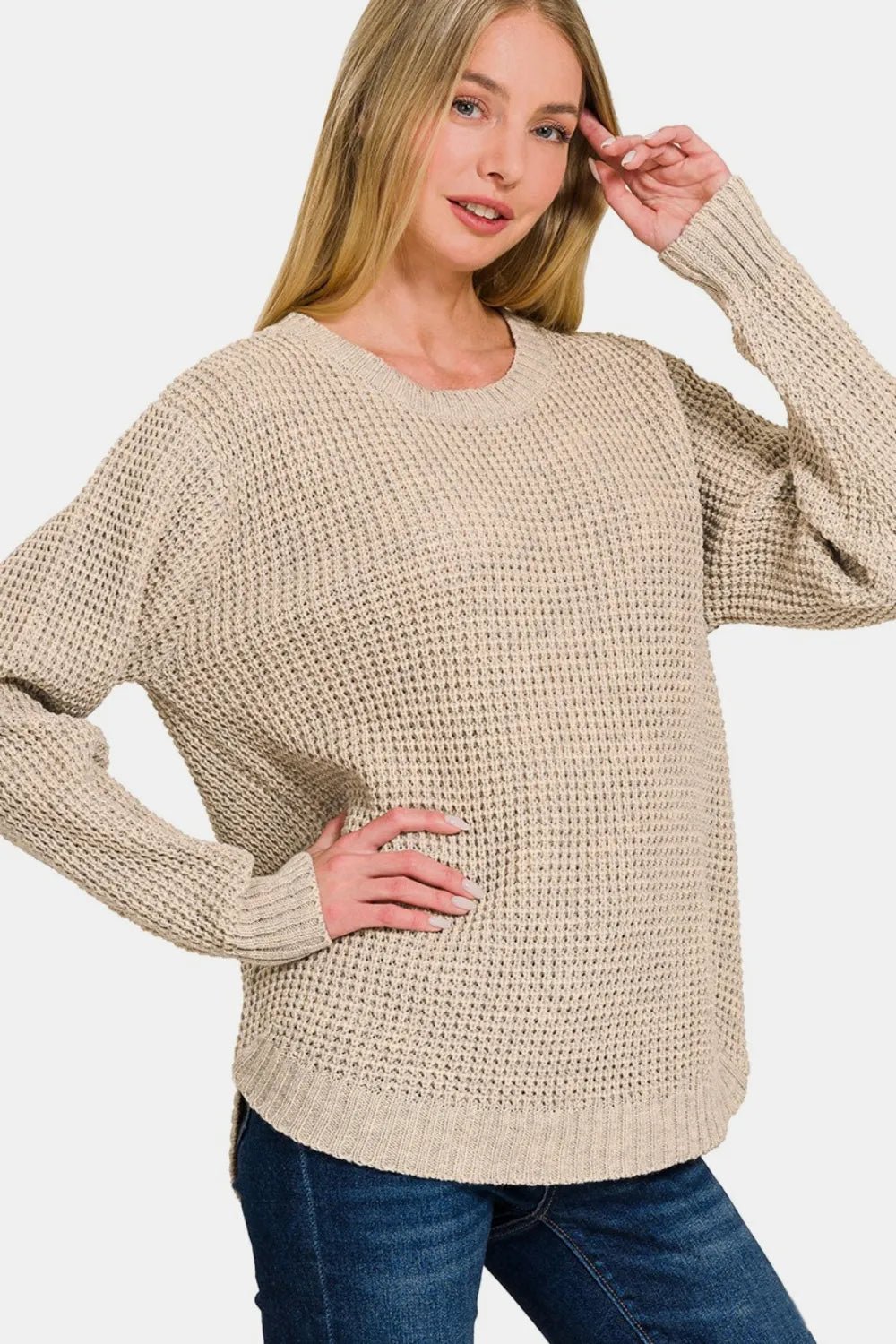 Zenana High Low Long Sleeve Waffle Sweater - Nikki &amp; Co. Boutique