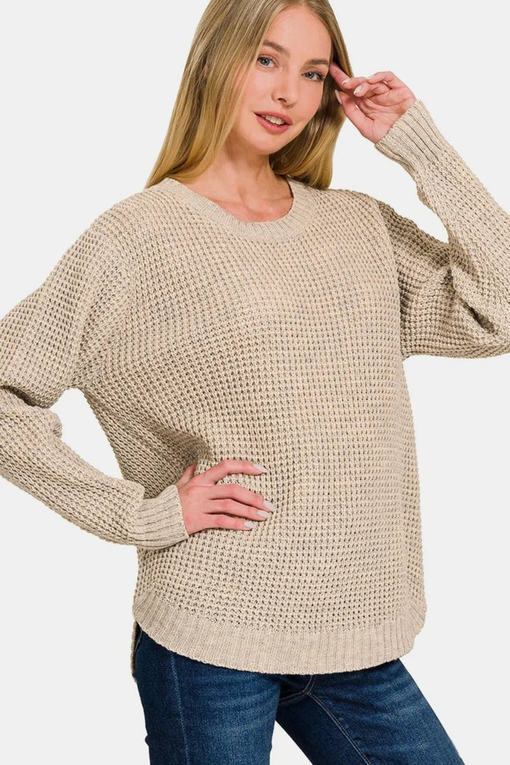 Zenana High Low Long Sleeve Waffle Sweater - Nikki &amp; Co. Boutique