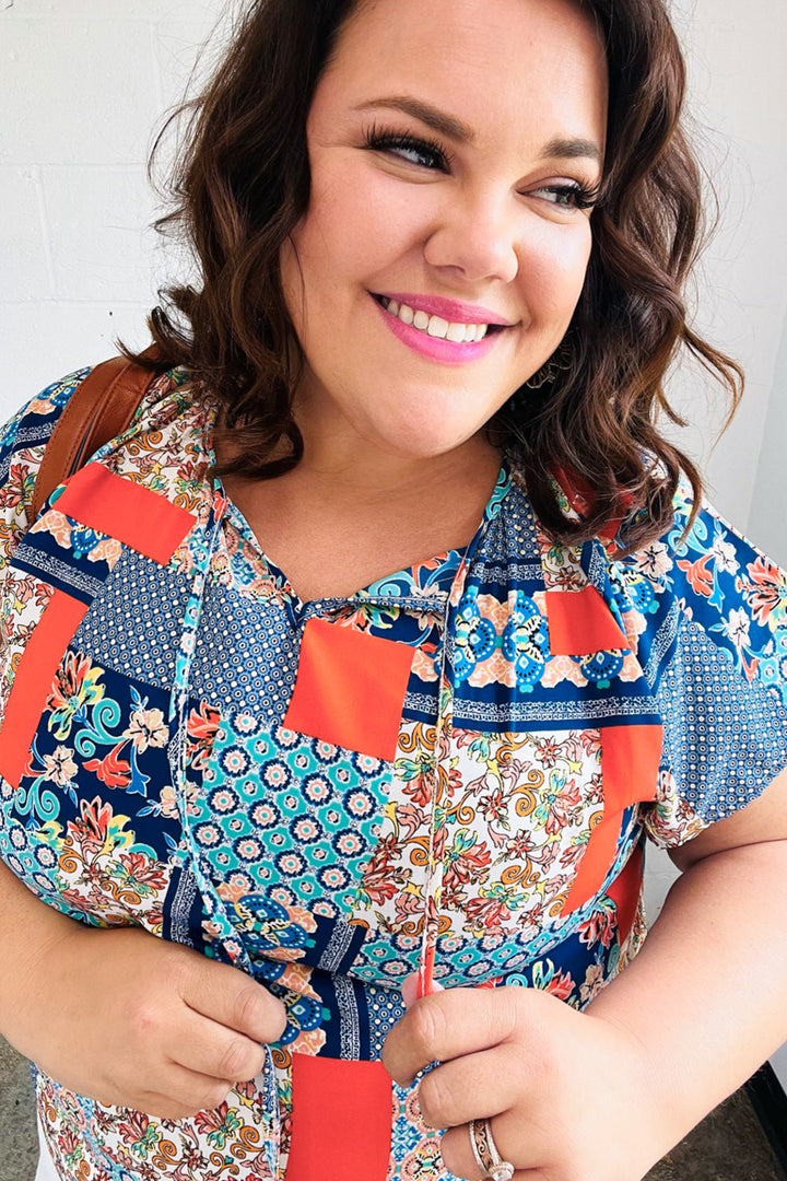 Blue &amp; Orange Boho Patchwork Raglan Tops | Nikki &amp; Co. Boutique
