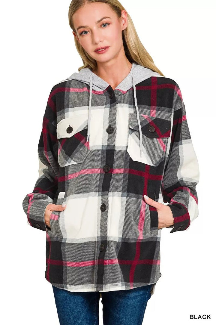 Zenana Plaid Drawstring Hooded Fleece Shacket - Nikki &amp; Co. Boutique