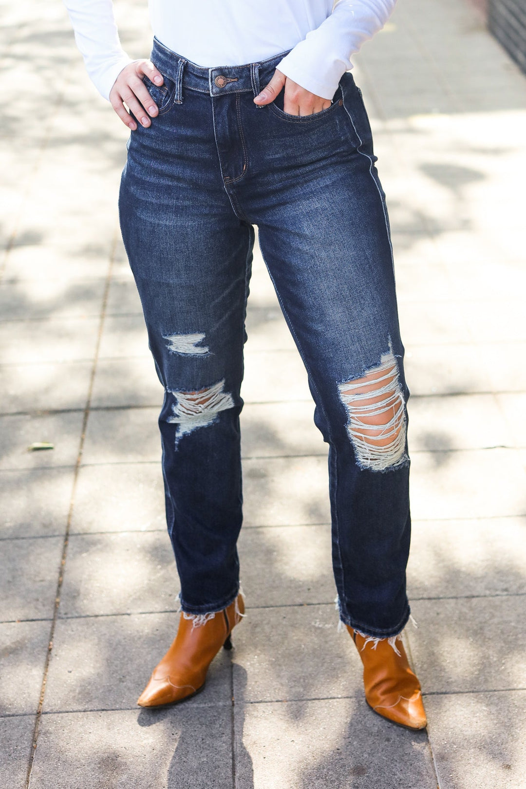 Judy Blue Dark Wash Mid Rise Distressed Straight Leg Jeans | Nikki &amp; Co. Boutique