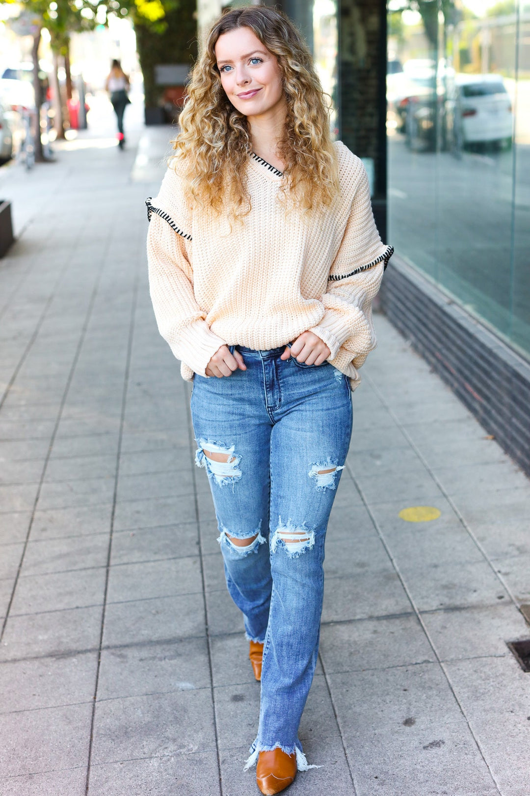 The Perfect Day Oatmeal Notched Neck Contrast Stitch Knit Hoodie | Nikki &amp; Co. Boutique