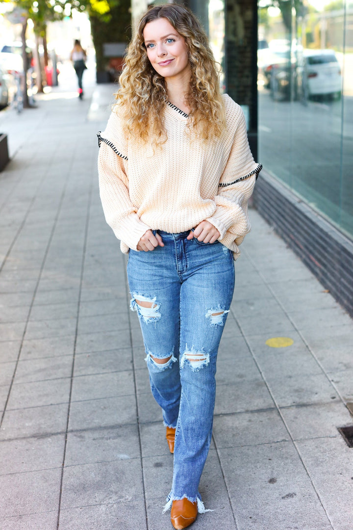 The Perfect Day Oatmeal Notched Neck Contrast Stitch Knit Hoodie | Nikki &amp; Co. Boutique