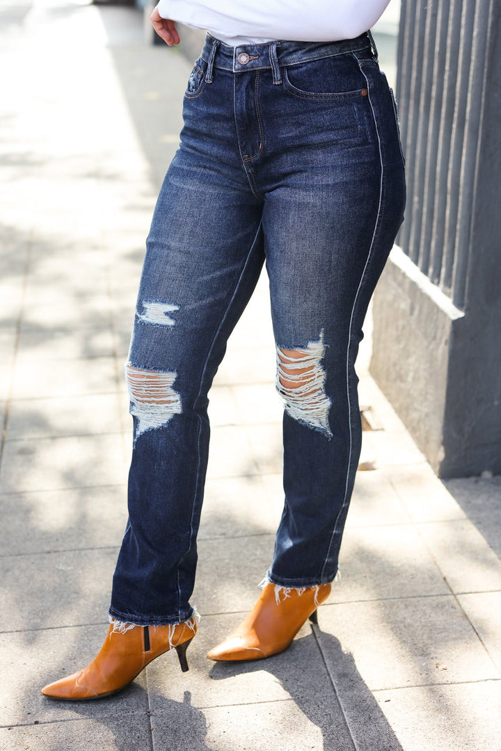 Judy Blue Dark Wash Mid Rise Distressed Straight Leg Jeans | Nikki &amp; Co. Boutique