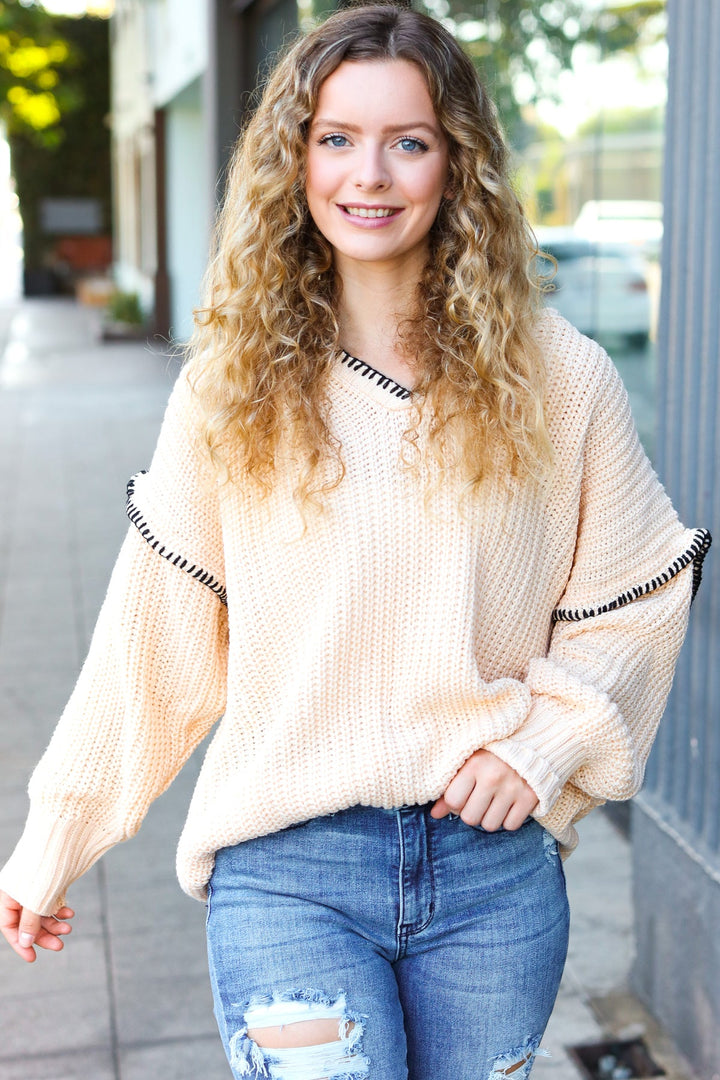 The Perfect Day Oatmeal Notched Neck Contrast Stitch Knit Hoodie | Nikki &amp; Co. Boutique