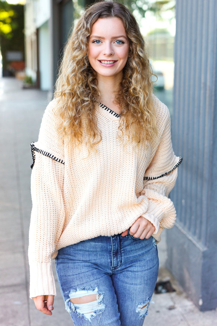 The Perfect Day Oatmeal Notched Neck Contrast Stitch Knit Hoodie | Nikki &amp; Co. Boutique