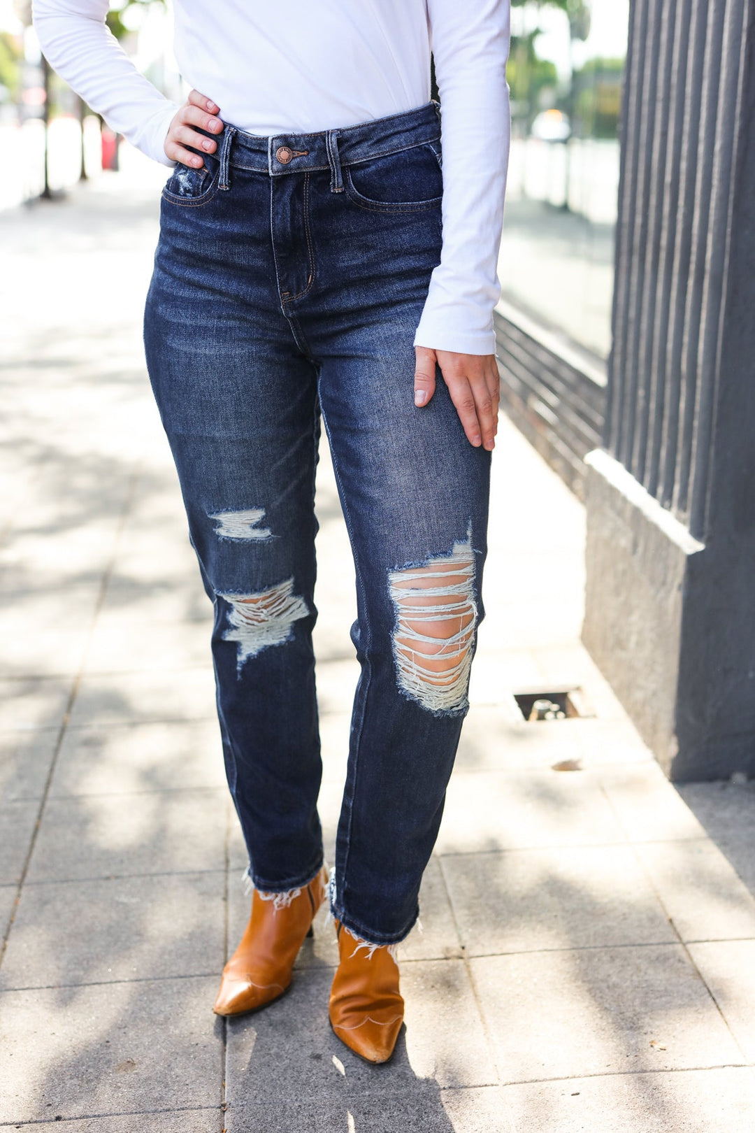 Judy Blue Dark Wash Mid Rise Distressed Straight Leg Jeans | Nikki &amp; Co. Boutique