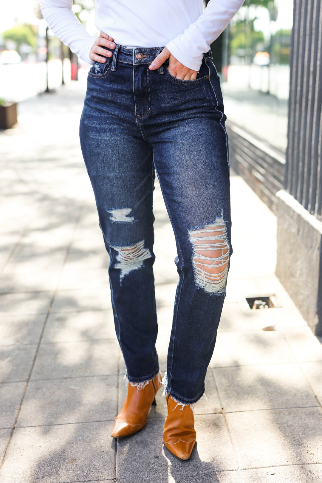 Judy Blue Dark Wash Mid Rise Distressed Straight Leg Jeans | Nikki &amp; Co. Boutique