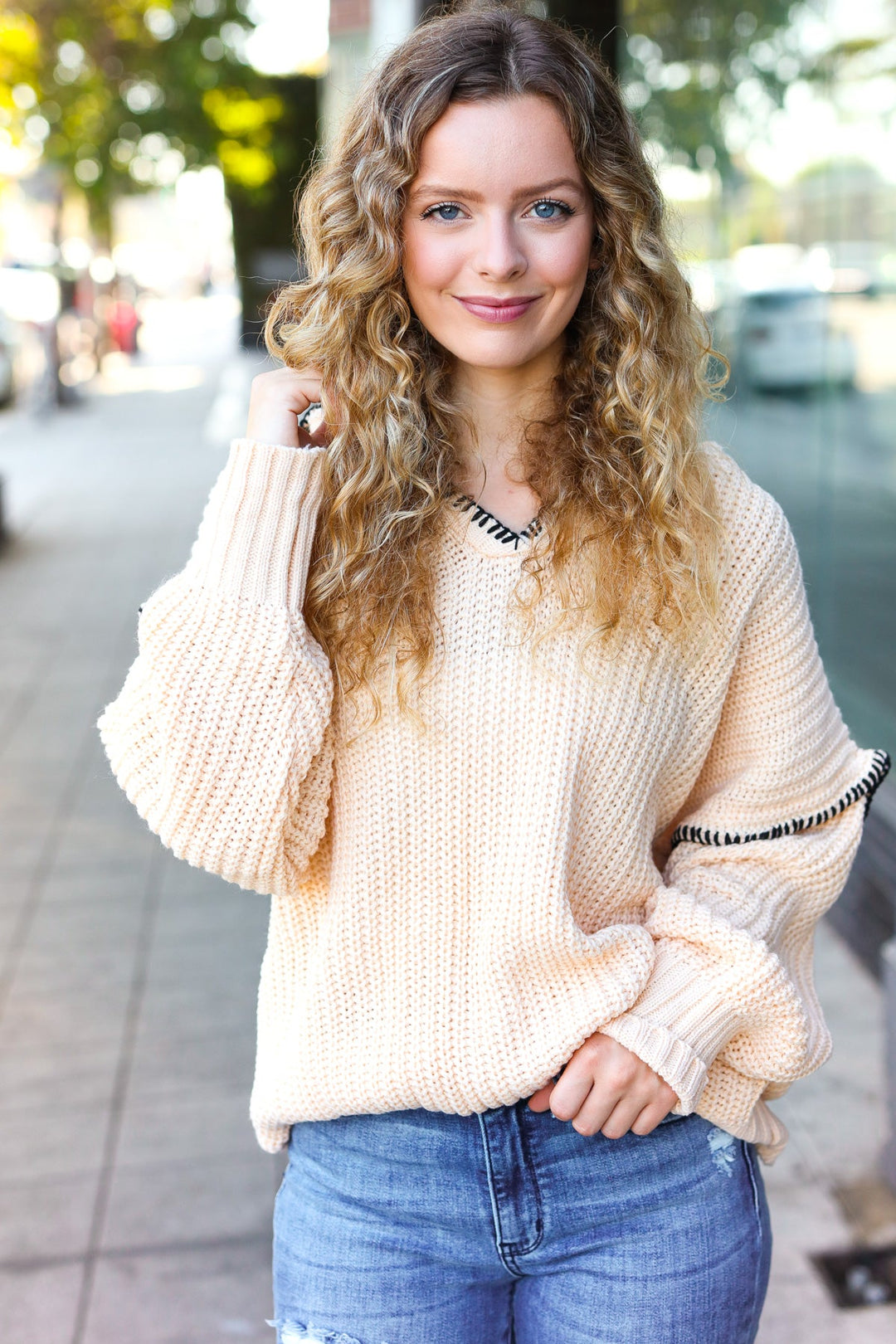 The Perfect Day Oatmeal Notched Neck Contrast Stitch Knit Hoodie | Nikki &amp; Co. Boutique