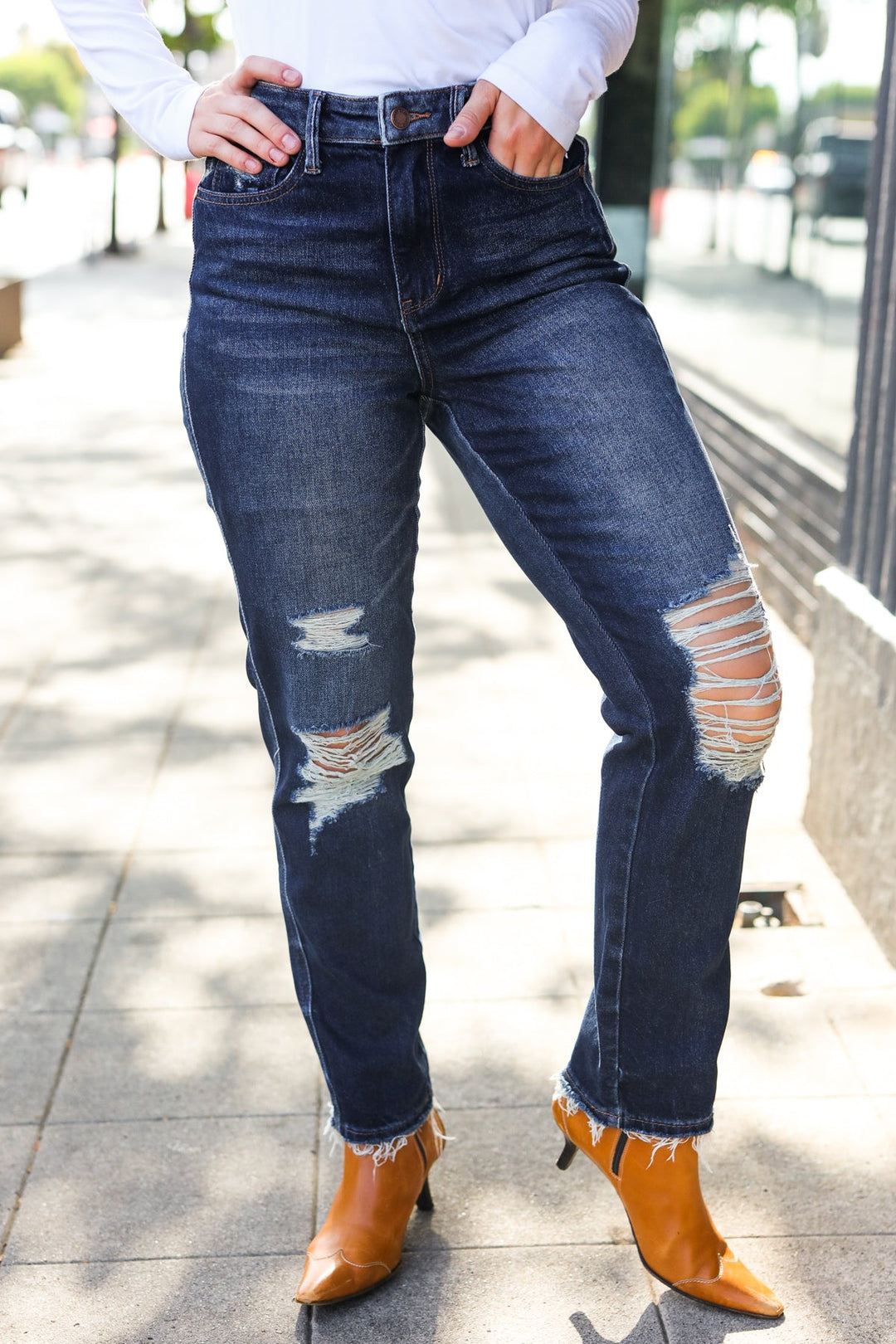 Judy Blue Dark Wash Mid Rise Distressed Straight Leg Jeans | Nikki &amp; Co. Boutique