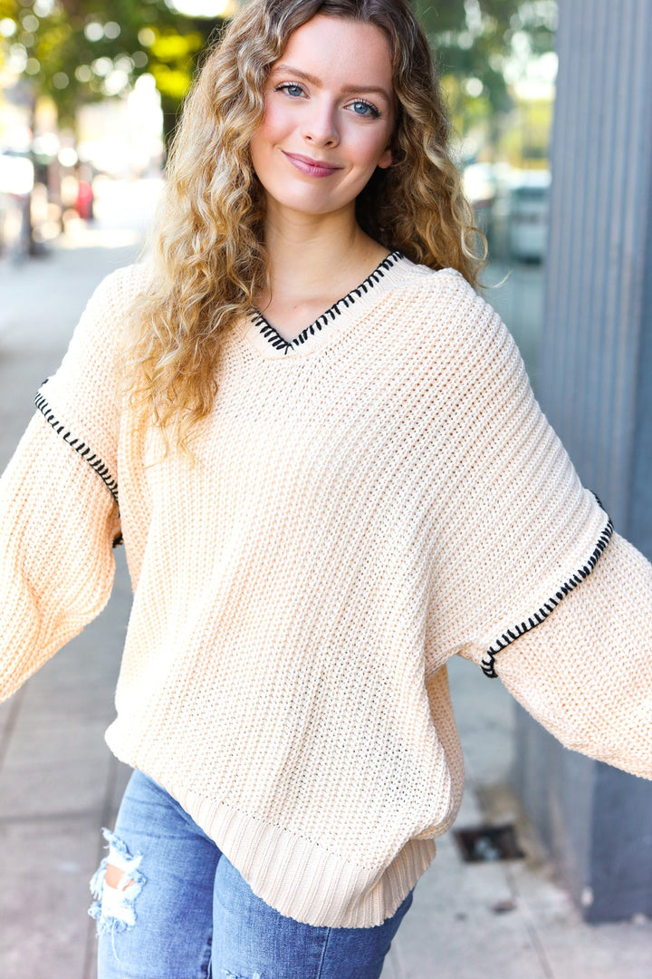 The Perfect Day Oatmeal Notched Neck Contrast Stitch Knit Hoodie | Nikki &amp; Co. Boutique