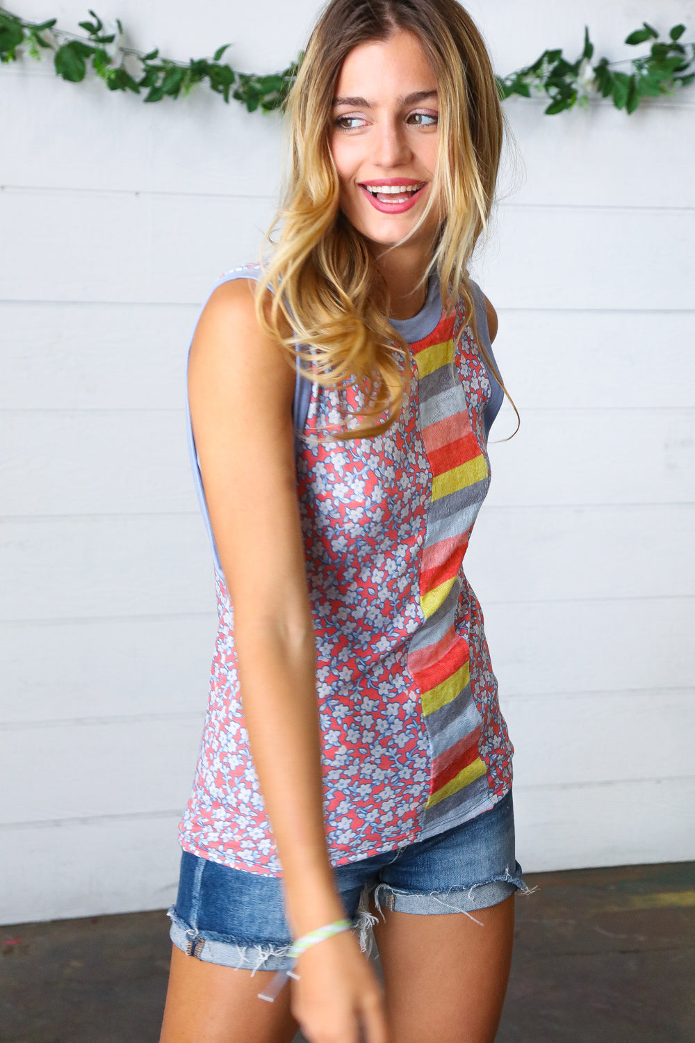 Coral &amp; Denim Stripe Floral Print Tank Top | Nikki &amp; Co. Boutique