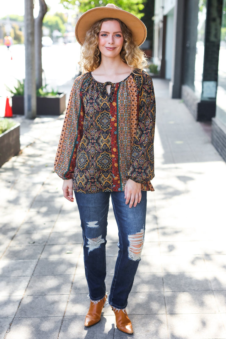 Weekend Ready Black &amp; Rust Paisley Raglan Keyhole Tie Tops | Nikki &amp; Co. Boutique
