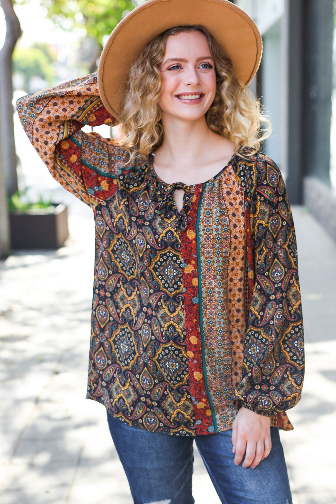 Weekend Ready Black &amp; Rust Paisley Raglan Keyhole Tie Tops | Nikki &amp; Co. Boutique