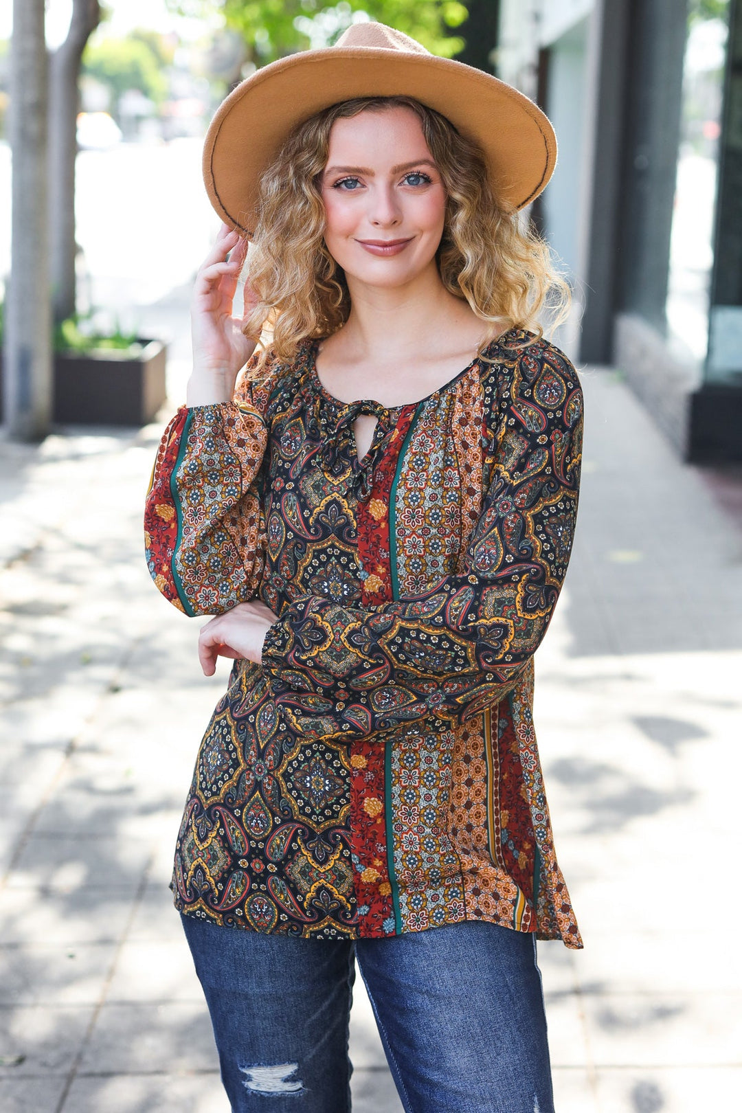 Weekend Ready Black &amp; Rust Paisley Raglan Keyhole Tie Tops | Nikki &amp; Co. Boutique