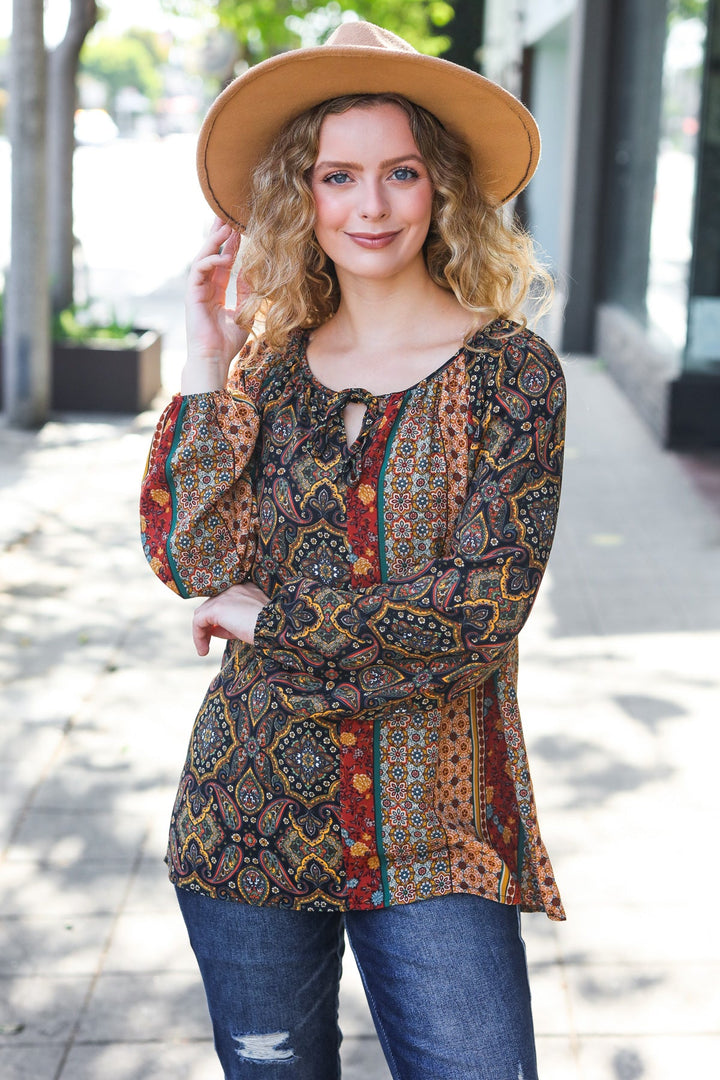 Weekend Ready Black &amp; Rust Paisley Raglan Keyhole Tie Tops | Nikki &amp; Co. Boutique