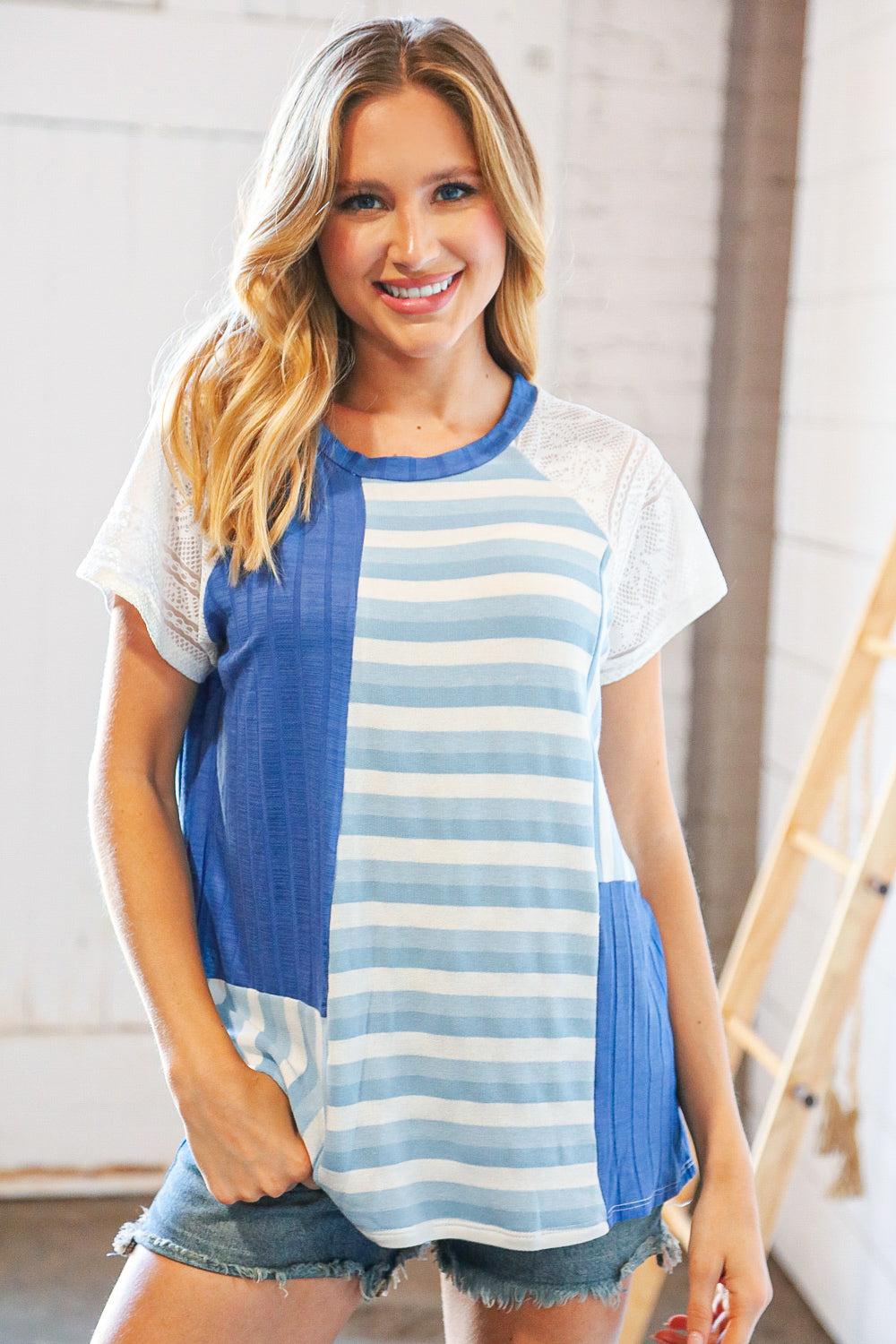 Blue Rib Terry Lace &amp; Stripe Color Block Top | Nikki &amp; Co. Boutique
