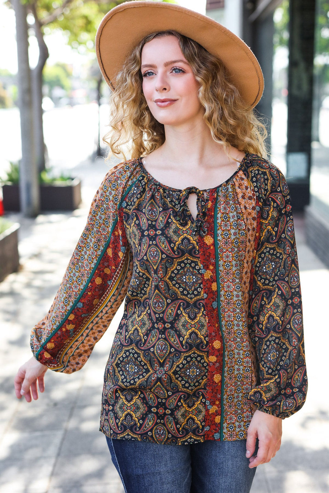 Weekend Ready Black &amp; Rust Paisley Raglan Keyhole Tie Tops | Nikki &amp; Co. Boutique