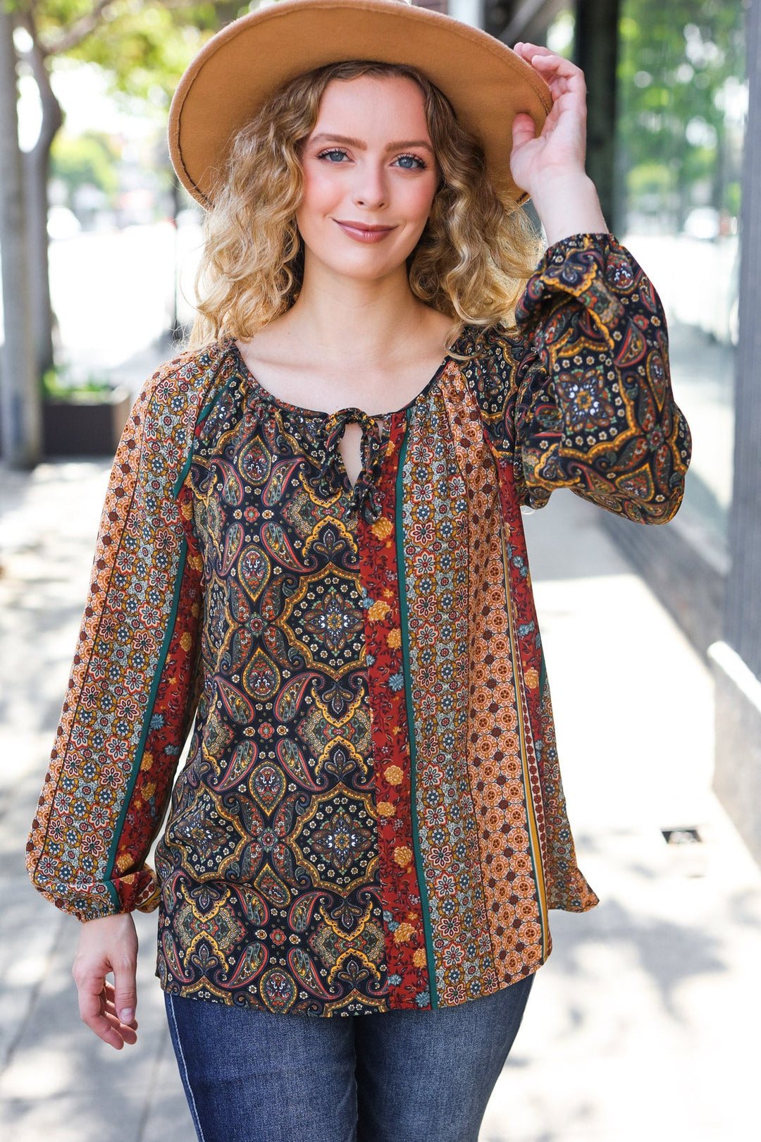 Weekend Ready Black &amp; Rust Paisley Raglan Keyhole Tie Tops | Nikki &amp; Co. Boutique