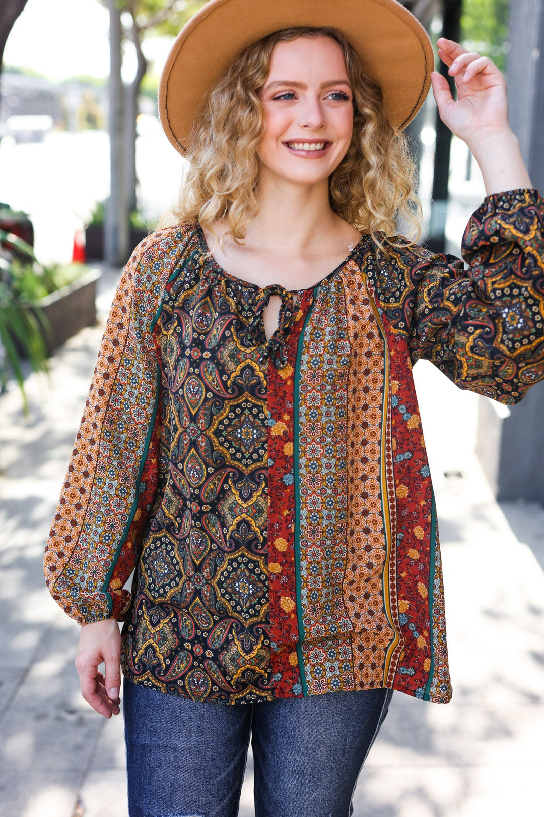 Weekend Ready Black &amp; Rust Paisley Raglan Keyhole Tie Tops | Nikki &amp; Co. Boutique