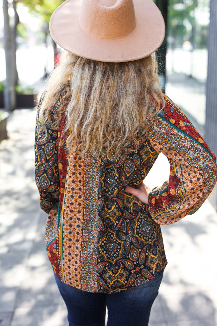 Weekend Ready Black &amp; Rust Paisley Raglan Keyhole Tie Tops | Nikki &amp; Co. Boutique