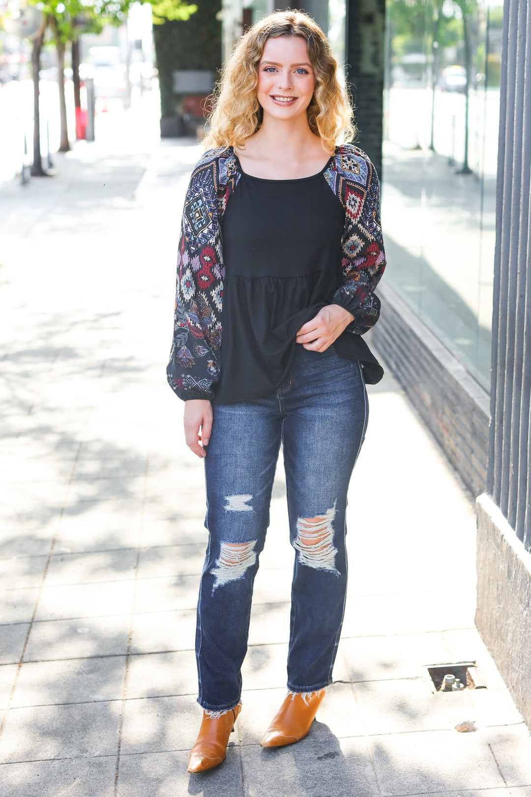 Charming Black Square Neck Border Print Bubble Sleeve Tops | Nikki &amp; Co. Boutique