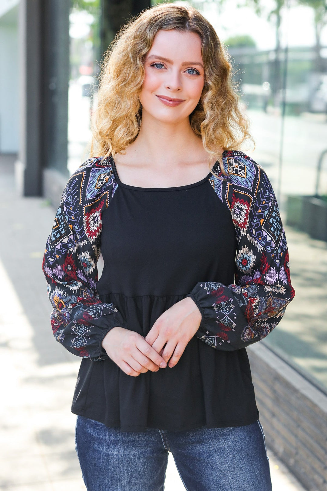 Charming Black Square Neck Border Print Bubble Sleeve Tops | Nikki &amp; Co. Boutique