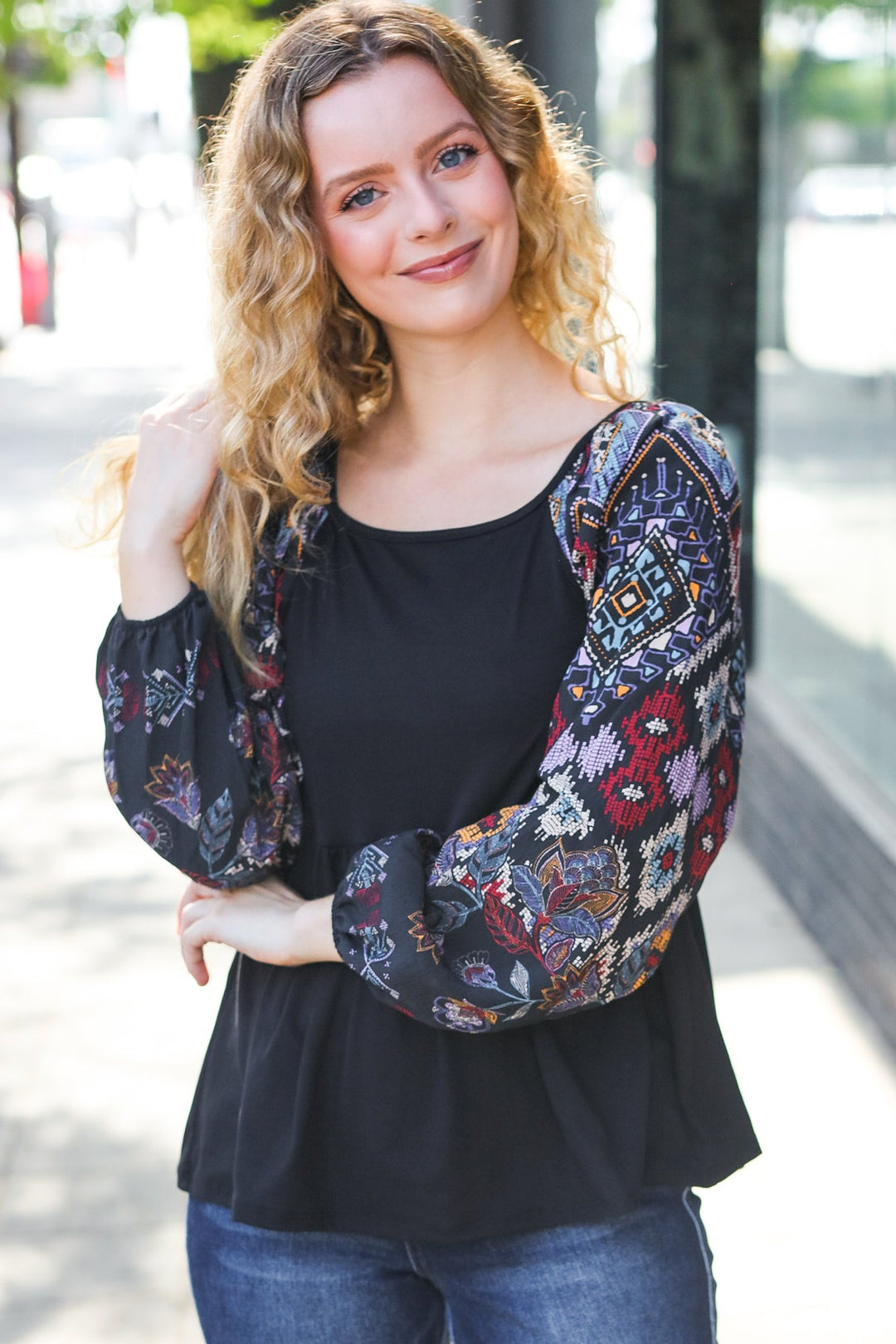 Charming Black Square Neck Border Print Bubble Sleeve Tops | Nikki &amp; Co. Boutique