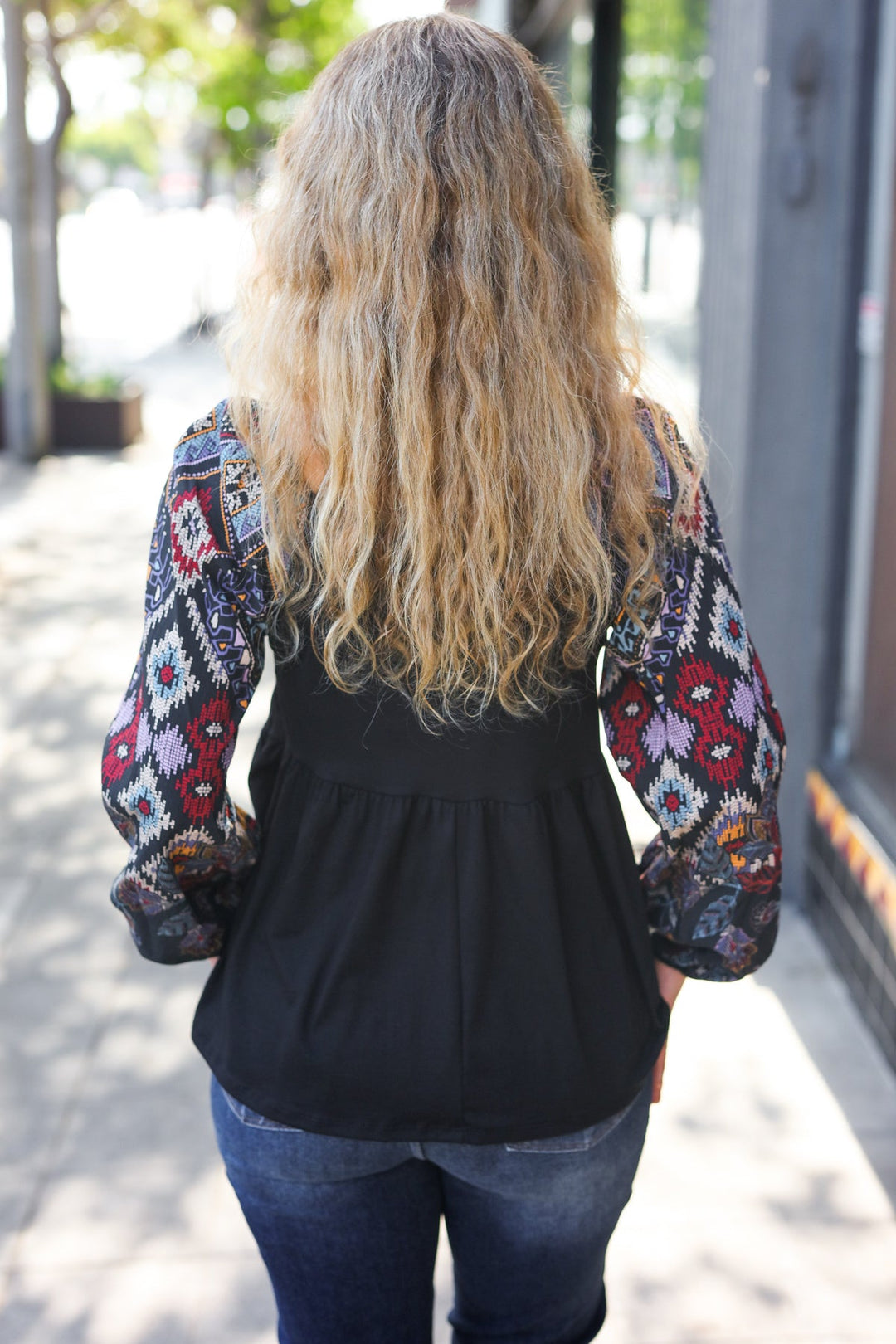 Charming Black Square Neck Border Print Bubble Sleeve Tops | Nikki &amp; Co. Boutique