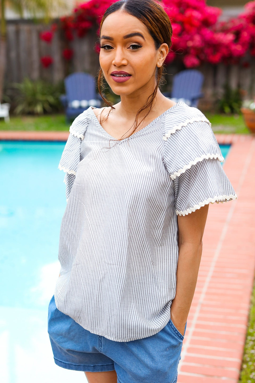 Lovely In Gray Stripe Tiered Ruffle Sleeve Ric Rac Trim Tops | Nikki &amp; Co. Boutique