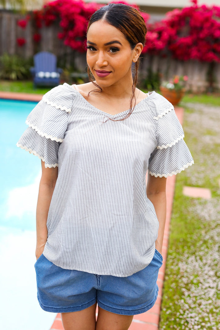 Lovely In Gray Stripe Tiered Ruffle Sleeve Ric Rac Trim Tops | Nikki &amp; Co. Boutique
