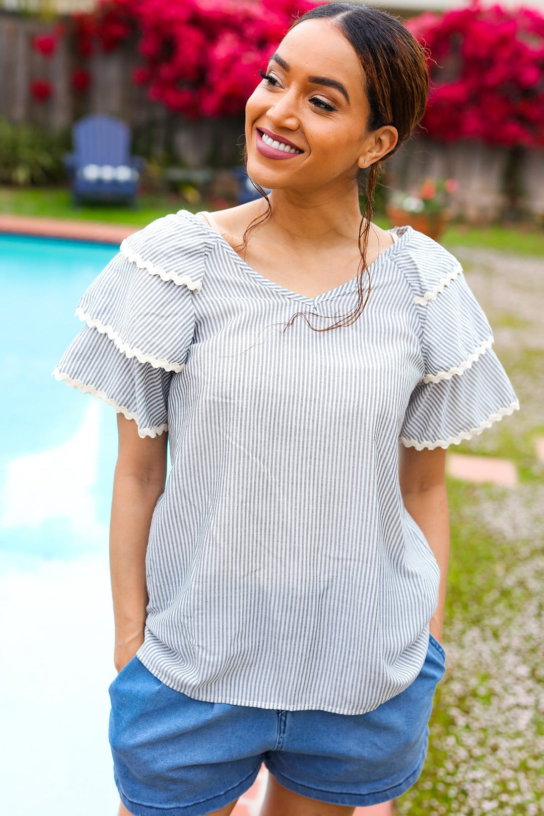 Lovely In Gray Stripe Tiered Ruffle Sleeve Ric Rac Trim Tops | Nikki &amp; Co. Boutique