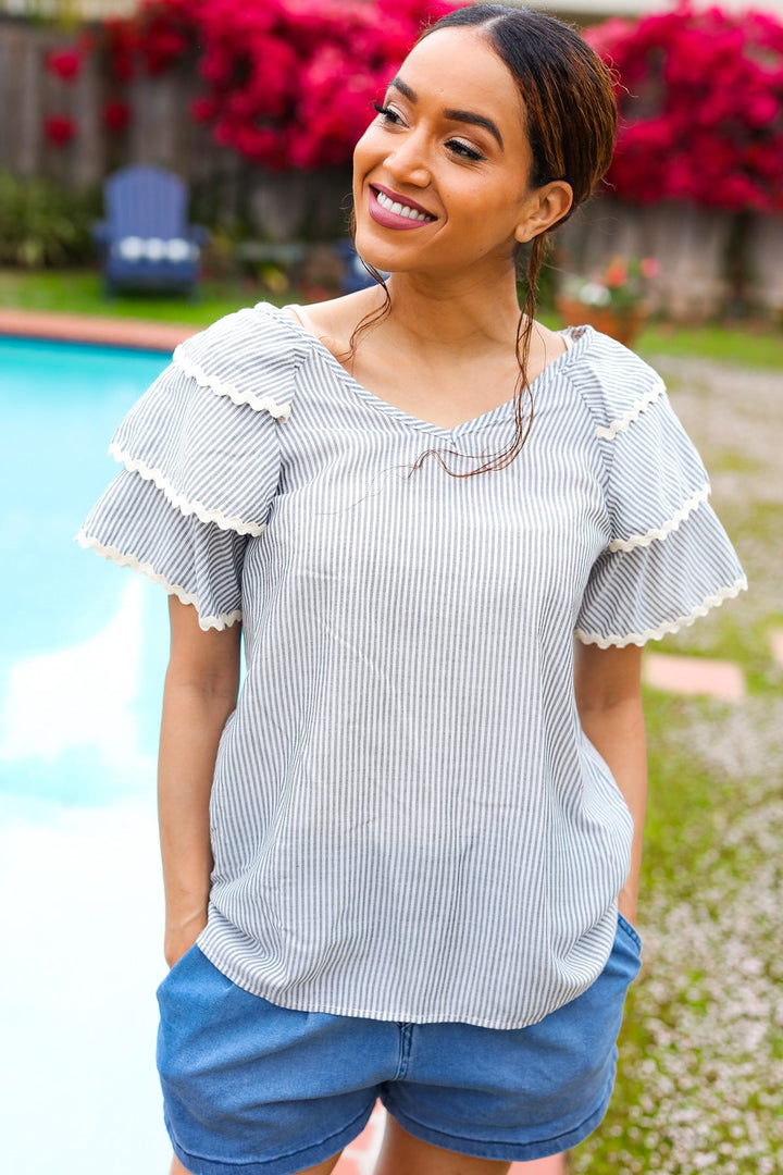 Lovely In Gray Stripe Tiered Ruffle Sleeve Ric Rac Trim Tops | Nikki &amp; Co. Boutique