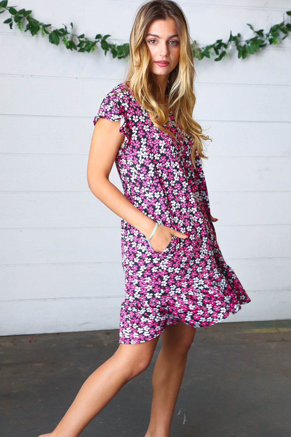 Black Multicolor Floral Babydoll Flutter Sleeve Midi Dress | Nikki &amp; Co. Boutique