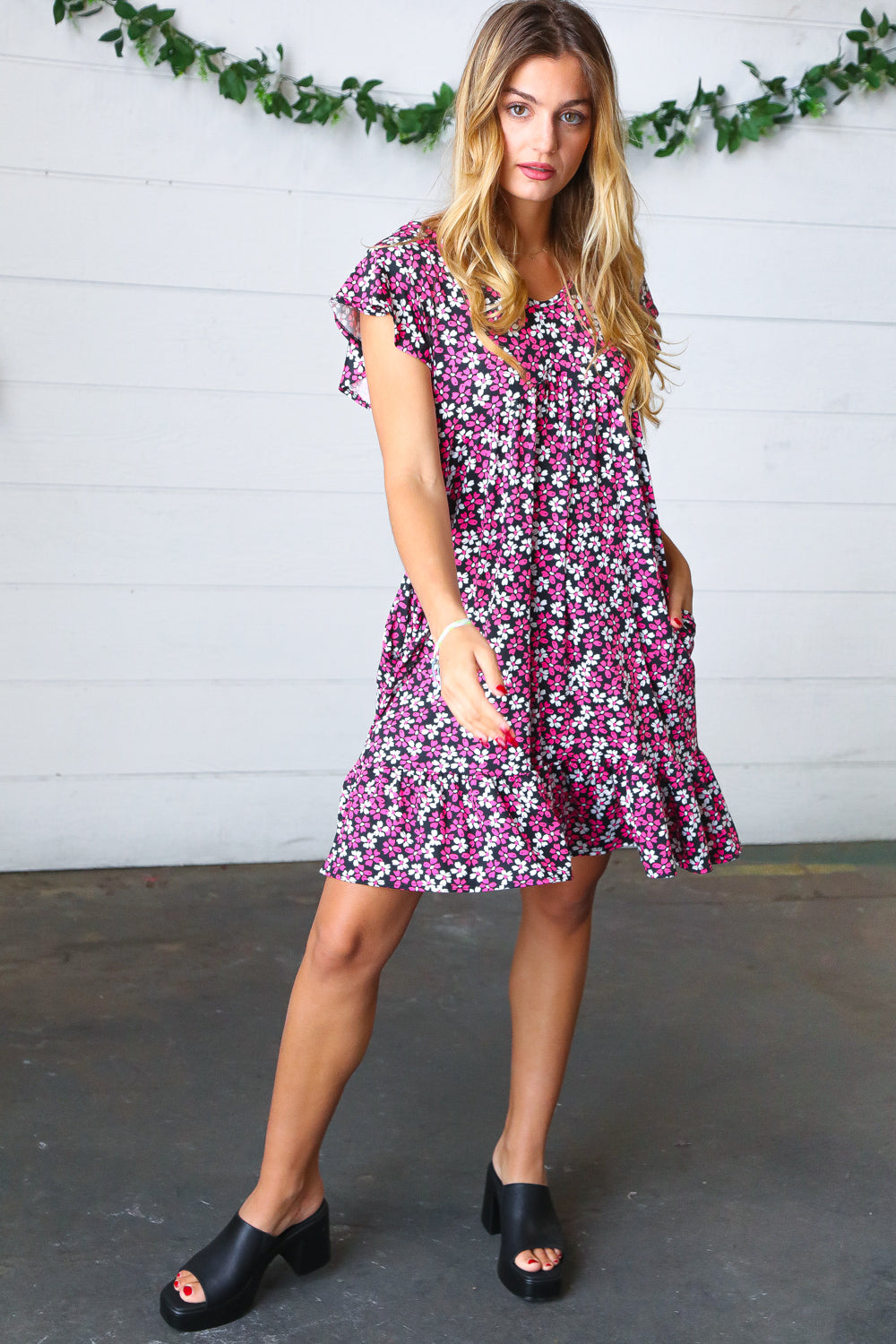 Black Multicolor Floral Babydoll Flutter Sleeve Midi Dress | Nikki &amp; Co. Boutique