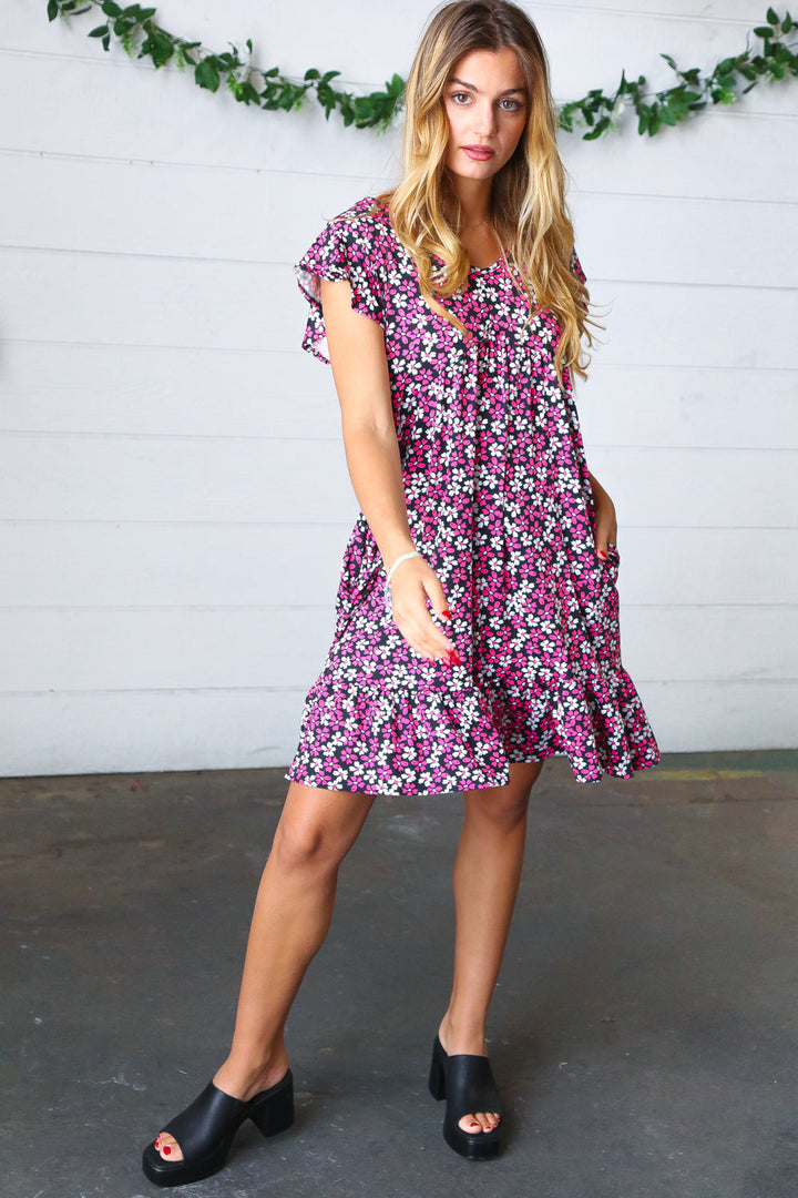 Black Multicolor Floral Babydoll Flutter Sleeve Midi Dress | Nikki &amp; Co. Boutique