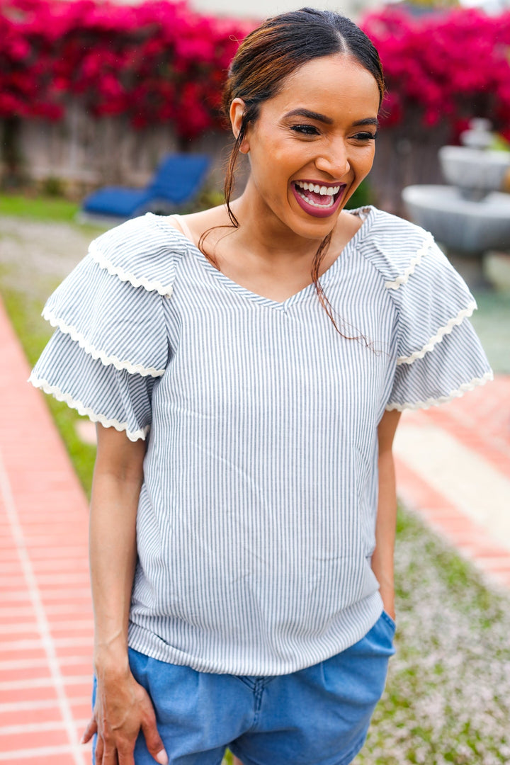 Lovely In Gray Stripe Tiered Ruffle Sleeve Ric Rac Trim Tops | Nikki &amp; Co. Boutique