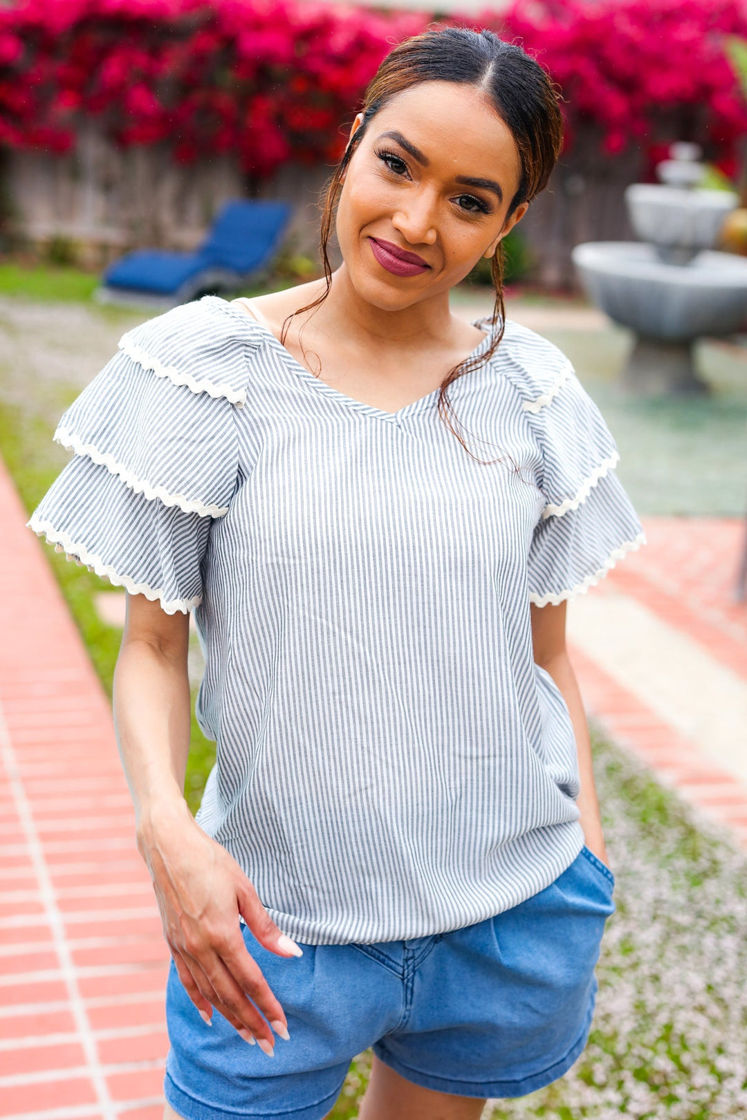 Lovely In Gray Stripe Tiered Ruffle Sleeve Ric Rac Trim Tops | Nikki &amp; Co. Boutique
