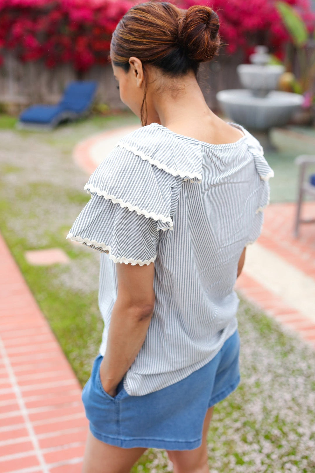 Lovely In Gray Stripe Tiered Ruffle Sleeve Ric Rac Trim Tops | Nikki &amp; Co. Boutique